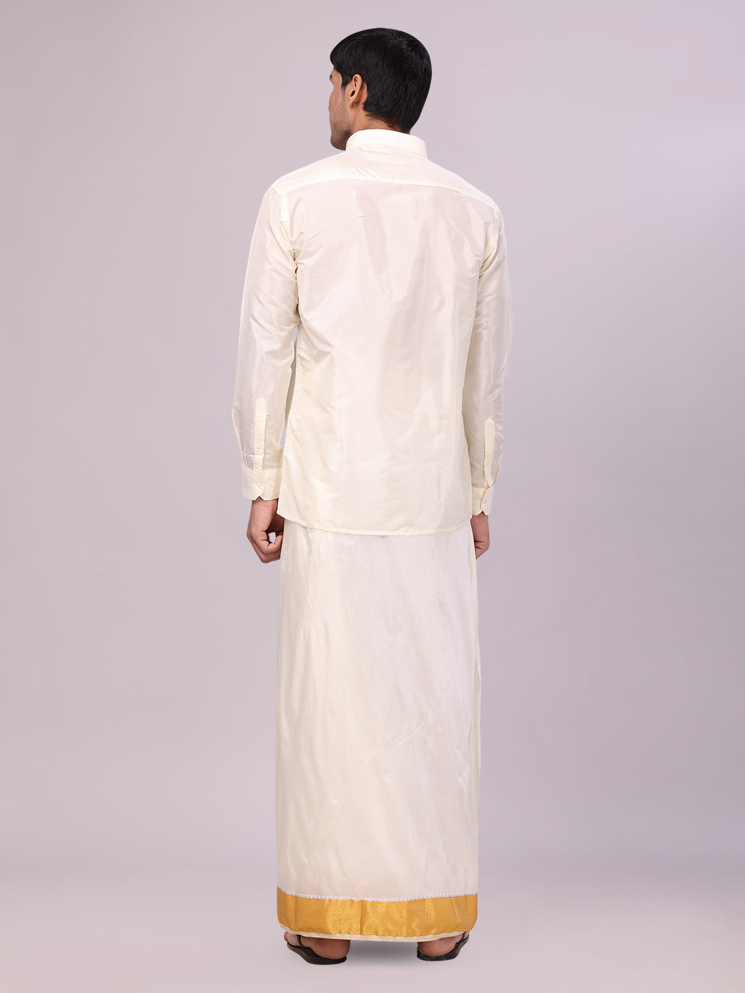 Mens Art Silk Cream Full Sleeves Shirt with 3" Gold Jari Border Dhoti Combo Haldi back pose
