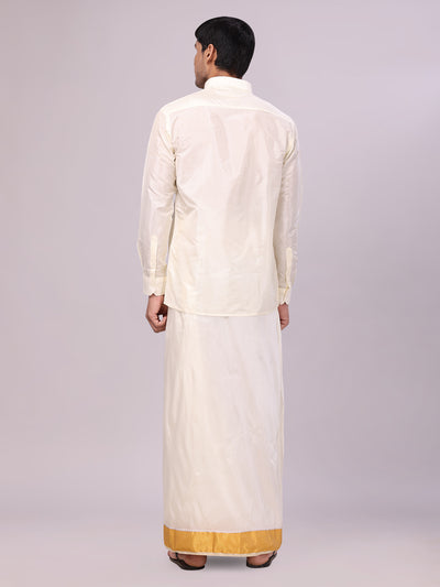 Men's Art Silk Cream Jacquard Full Sleeves Shirt with 3" Gold Jari Border & Towel Dhoti Combo Mangal