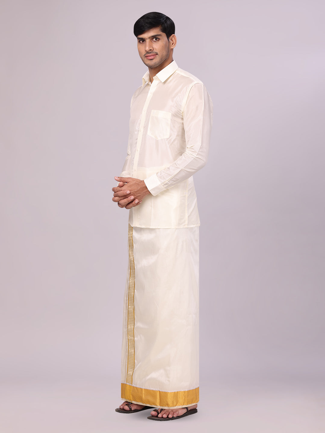 Mens Art Silk Cream Full Sleeves Shirt with 3" Gold Jari Border Dhoti Combo Haldi side pose