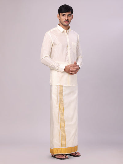 Mens Art Silk Cream Full Sleeves Shirt with 3" Gold Jari Border Dhoti Combo Haldi side pose
