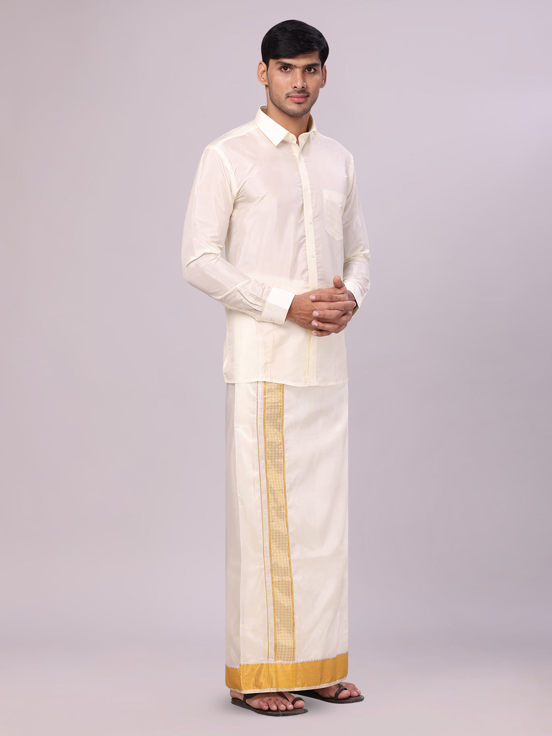 Men's Art Silk Cream Jacquard Full Sleeves Shirt with 3" Gold Jari Border & Towel Dhoti Combo Mangal