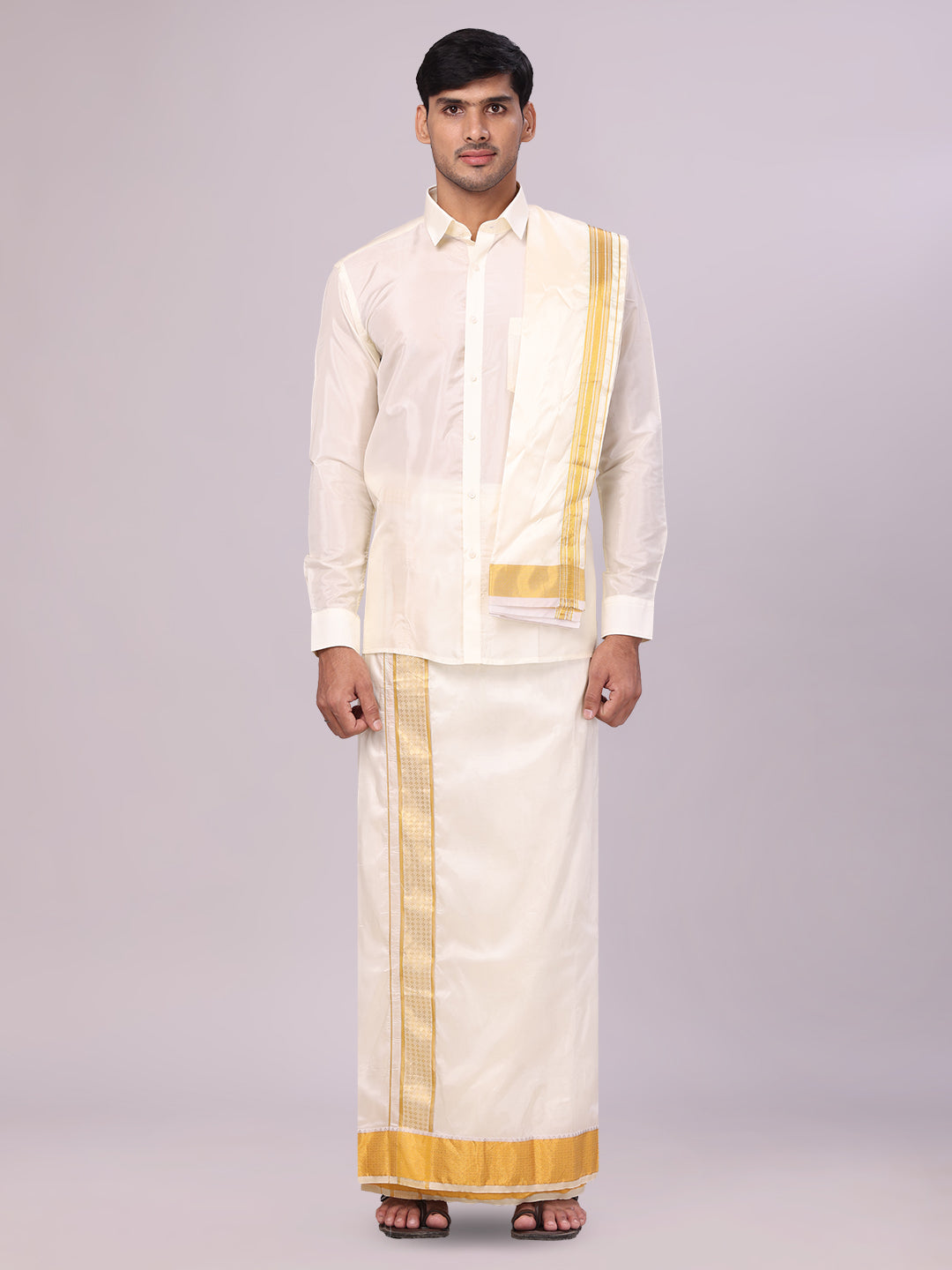 Men's Art Silk Cream Jacquard Full Sleeves Shirt with 3" Gold Jari Border & Towel Dhoti Combo Mangal