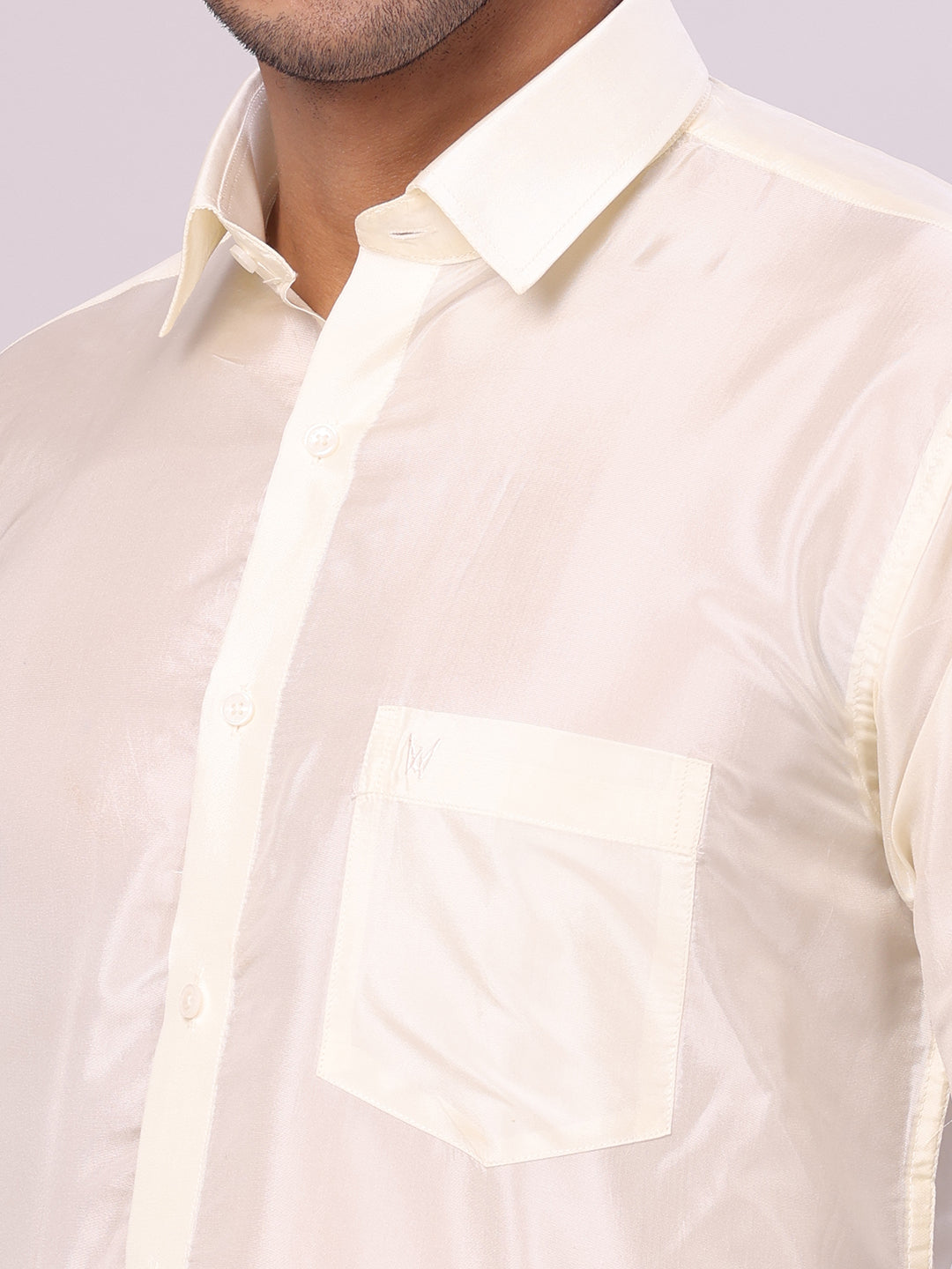 Men's Art Silk Cream Jacquard Full Sleeves Shirt with 3" Gold Jari Border & Towel Dhoti Combo Mangal