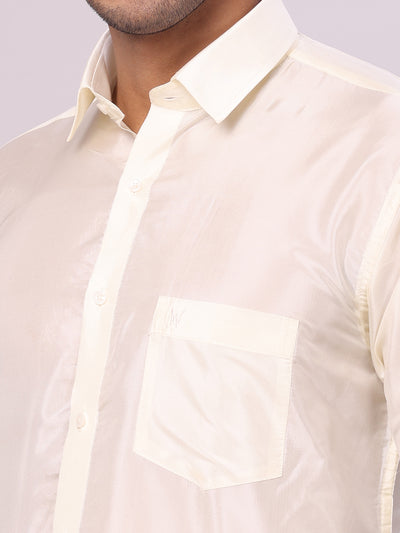 Men's Art Silk Cream Jacquard Full Sleeves Shirt with 3" Gold Jari Border & Towel Dhoti Combo Mangal