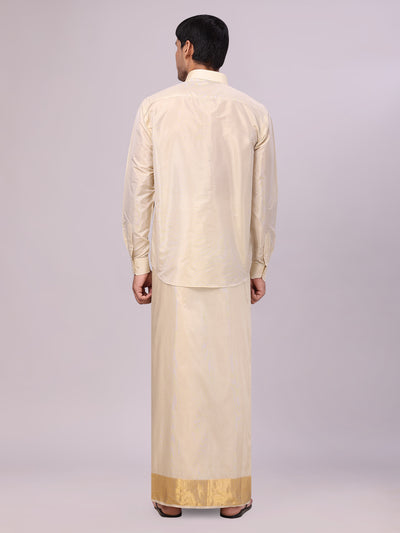 Men's Art Silk Fawn Gold Full Sleeves Shirt with 4" Jari Border Dhoti Combo Haldi back pose