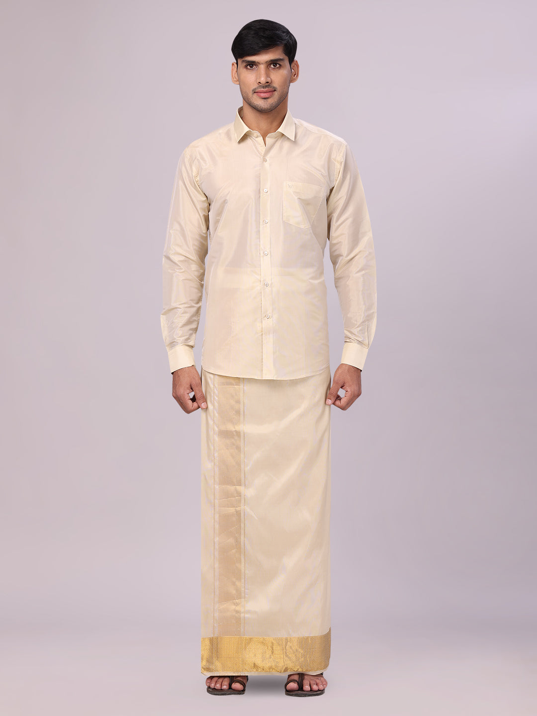 Men's Art Silk Fawn Gold Full Sleeves Shirt with 4" Jari Border Dhoti Combo Haldi