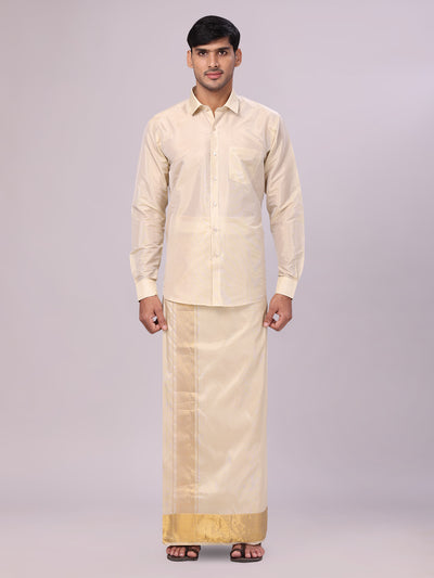 Men's Art Silk Fawn Gold Full Sleeves Shirt with 4" Jari Border Dhoti Combo Haldi