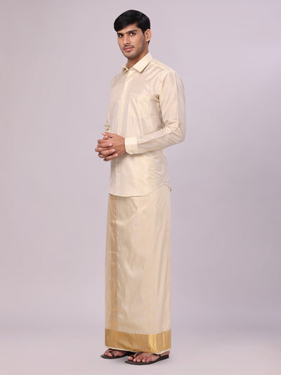 Men's Art Silk Fawn Gold Full Sleeves Shirt with 4" Jari Border Dhoti Combo Haldi side pose