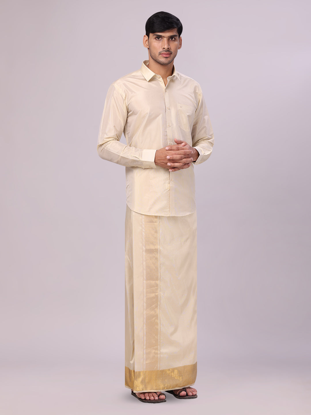 Men's Art Silk Fawn Gold Full Sleeves Shirt with 4" Jari Border Dhoti Combo Haldi side pose