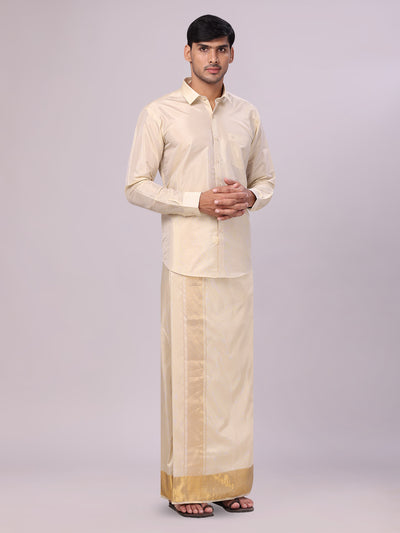 Men's Art Silk Fawn Gold Full Sleeves Shirt with 4" Jari Border Dhoti Combo Haldi side pose