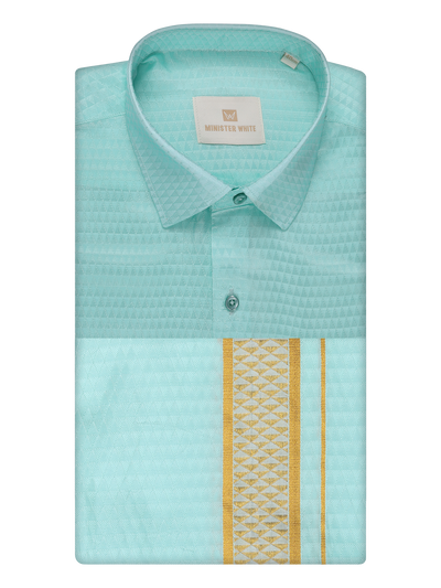 Mens Art Silk Mint Full Sleeves Shirt with 2 1/2" Gold Jari Border Dhoti Combo Neogen by Minister White