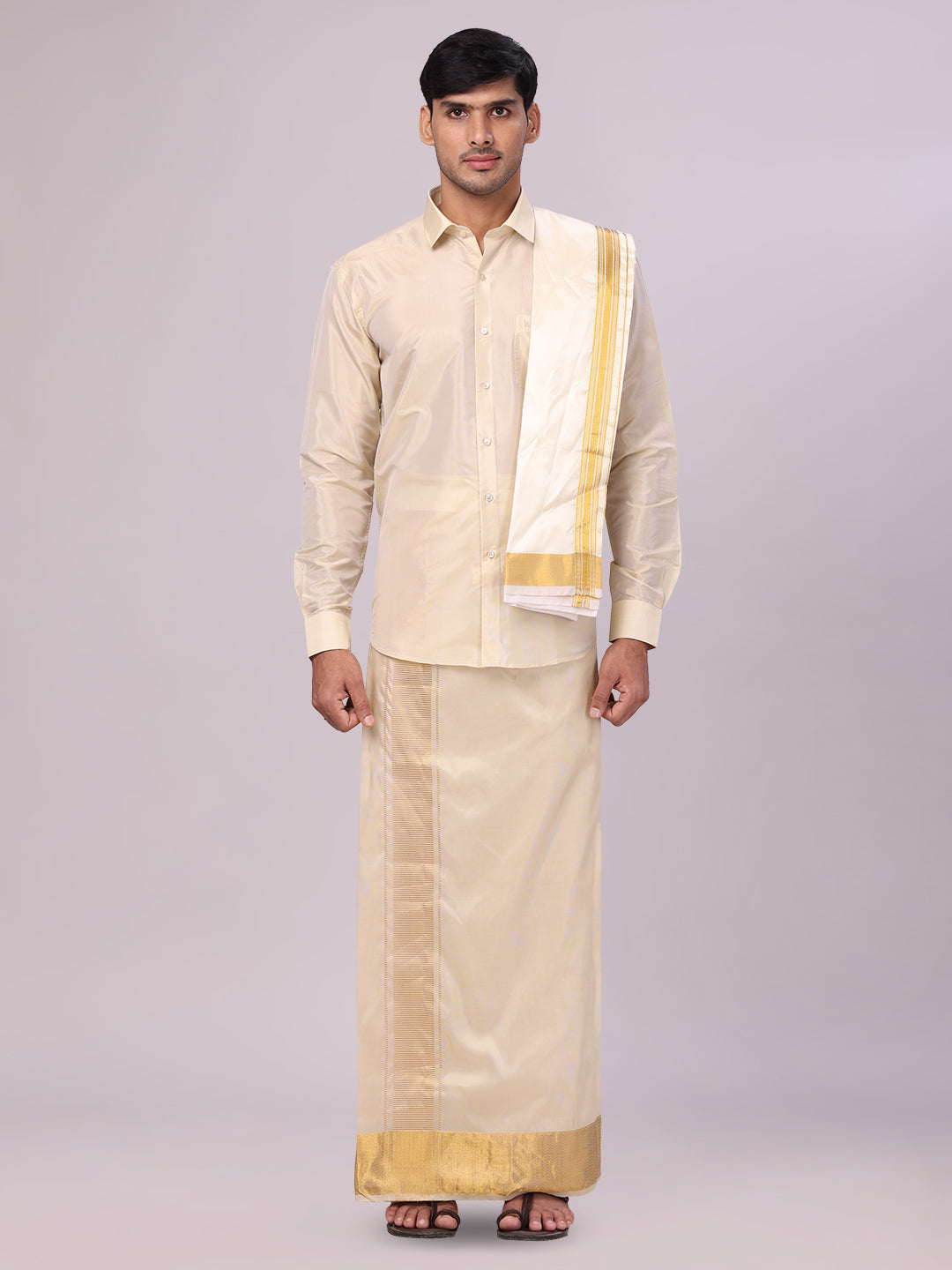Men's Art Silk Fawn Gold Jacquard Full Sleeves Shirt with 4"  Gold Jari Border & Towel Dhoti Combo Mangal