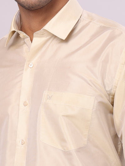 Men's Art Silk Fawn Gold Jacquard Full Sleeves Shirt with 4"  Gold Jari Border & Towel Dhoti Combo Mangal