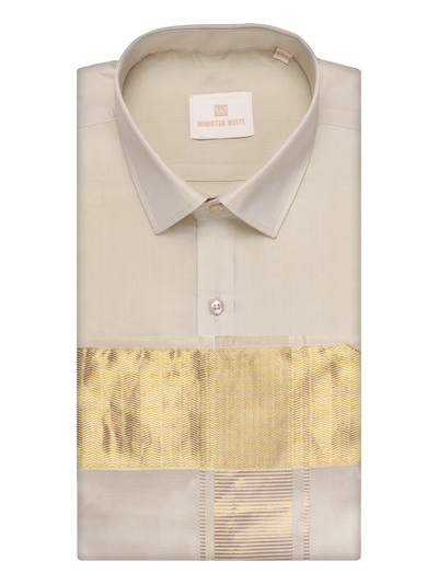 Mens Art Silk Fawn Gold Full Sleeves Shirt with 4" Jari Border Dhoti Combo Haldi by Minister White