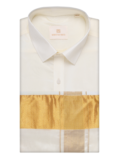 Mens Art Silk Cream Full Sleeves Shirt with 4" Gold Jari Border Dhoti Combo Haldi by Minister White