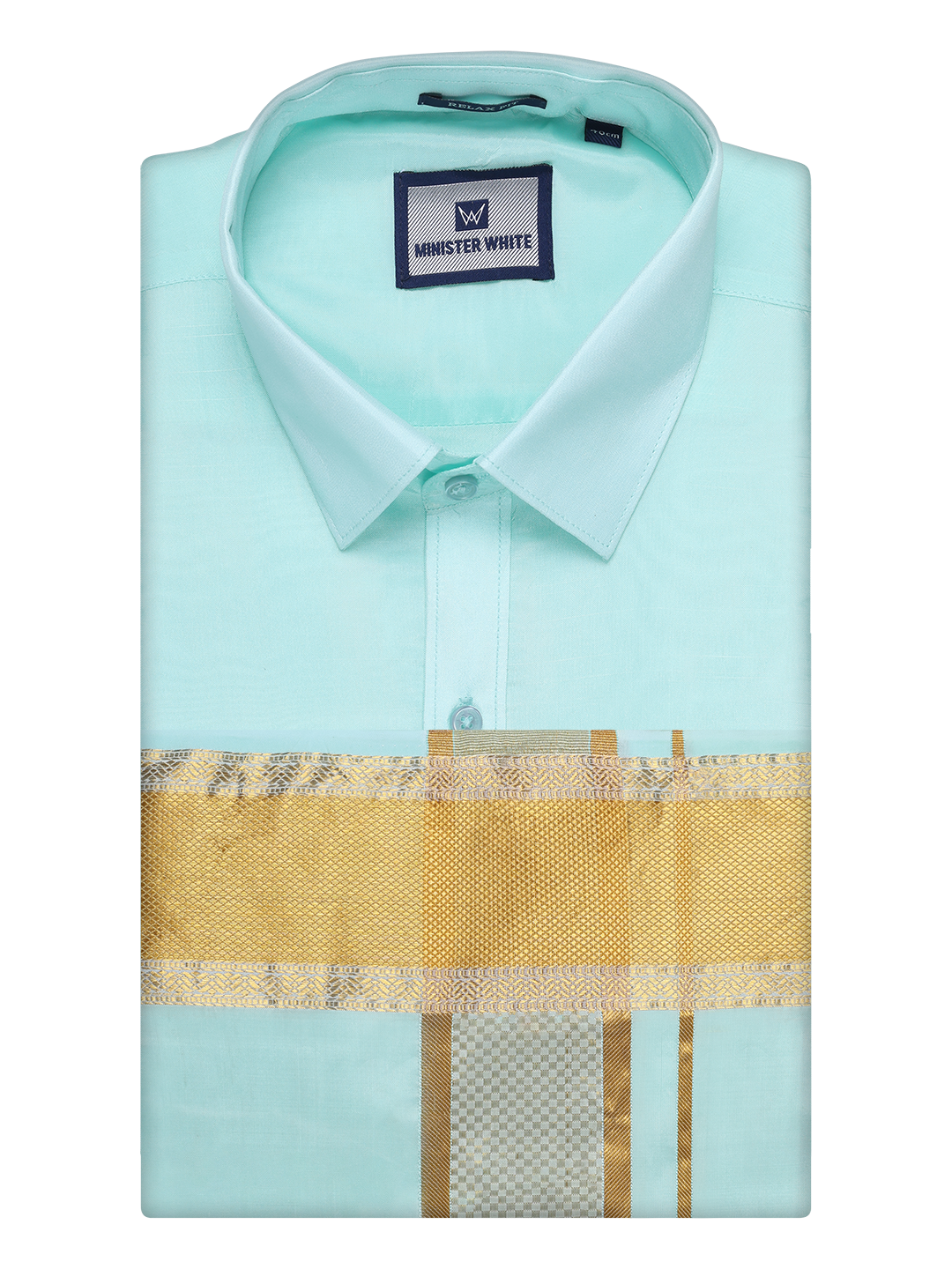 Mens Art Silk Mint Gold Full Sleeves Shirt with 3 1/2" Gold Jari Border Dhoti Combo Haldi by Minister White