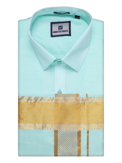 Mens Art Silk Mint Gold Full Sleeves Shirt with 3 1/2" Gold Jari Border Dhoti Combo Haldi by Minister White