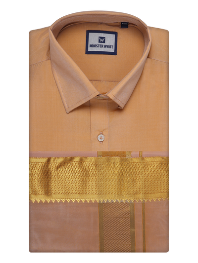 Mens Art Silk Dark Gold Full Sleeves Shirt with 3" Gold Jari Border Dhoti Combo Haldi by Minister White