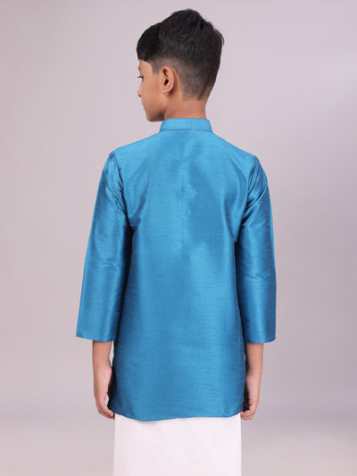 Boys Dupion Satin Blue Colour Full Sleeves Kurta back pose