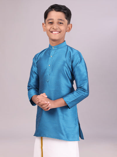 Boys Dupion Satin Blue Colour Full Sleeves Kurta side pose