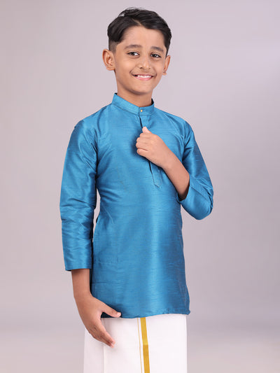 Boys Dupion Satin Blue Colour Full Sleeves Kurta side pose