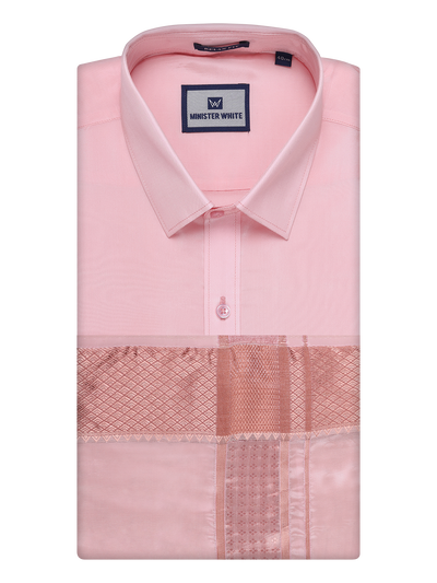 Mens Art Silk Pink Full Sleeves Shirt with 3" Lt.Copper Jari Border Dhoti Combo Haldi by Minister White