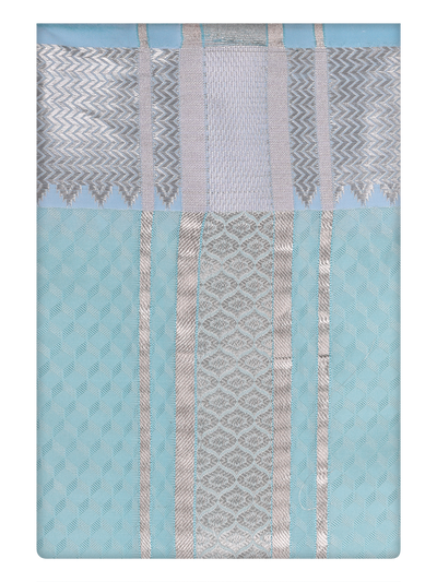 Mens Art Silk Sea Green Dhoti with 2 1/2" Silver Jari Border by Minister White
