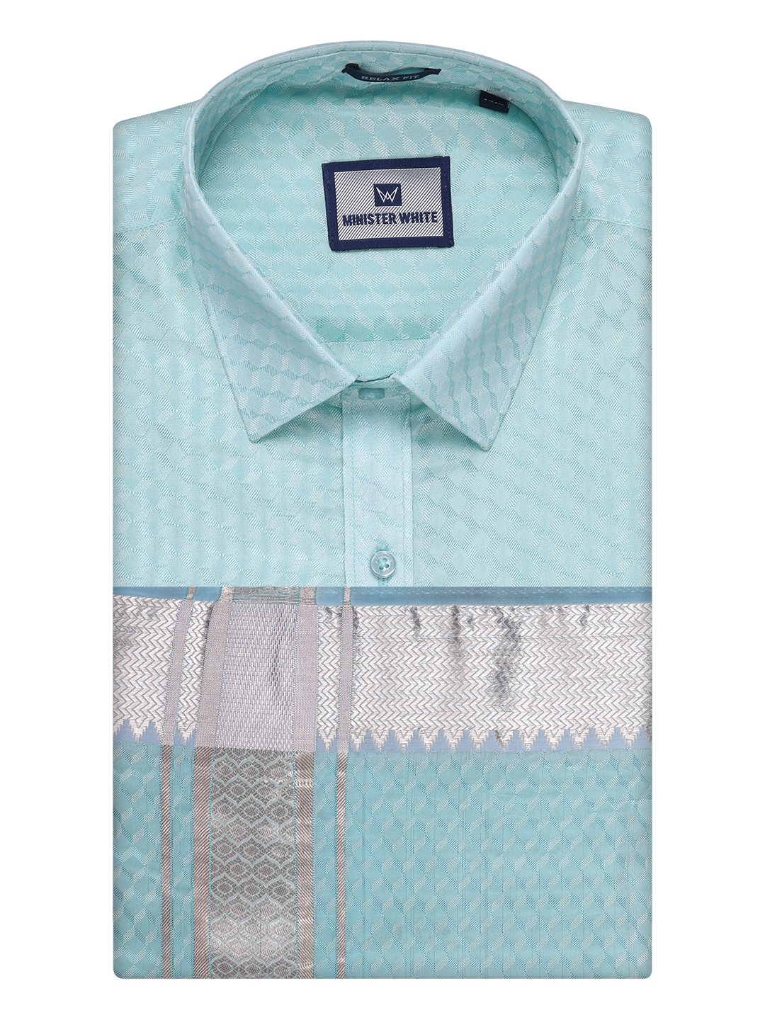 Mens Art Silk Sea Green Full Sleeves Shirt with 2 1/2" Silver Jari Border Dhoti Combo Neogen by Minister White