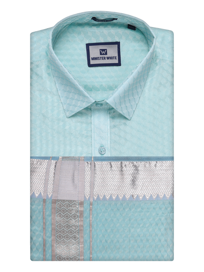 Mens Art Silk Sea Green Full Sleeves Shirt with 2 1/2" Silver Jari Border Dhoti Combo Neogen by Minister White