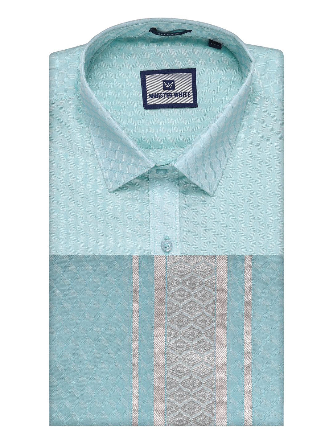 Mens Art Silk Sea Green Full Sleeves Shirt with 2 1/2" Silver Jari Border Dhoti Combo Neogen by Minister White