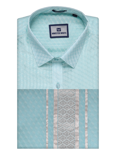Mens Art Silk Sea Green Full Sleeves Shirt with 2 1/2" Silver Jari Border Dhoti Combo Neogen by Minister White