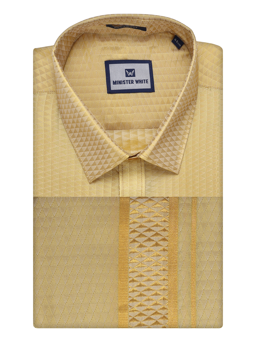 Mens Art Silk Mango Gold Full Sleeves Shirt with 2 1/2" Jari Border Dhoti Combo Neogen by Minister White
