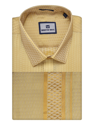 Mens Art Silk Mango Full Sleeves Shirt with 2 1/2" Gold Jari Border Dhoti Combo Neogen by Minister White