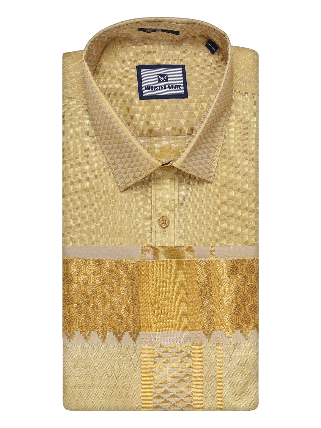 Mens Art Silk Mango Full Sleeves Shirt with 2 1/2" Gold Jari Border Dhoti Combo Neogen by Minister White
