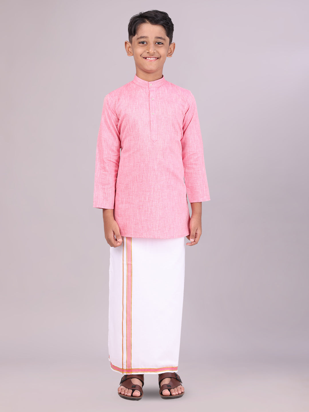 Boys Cotton Pink Kurta with Matching Border Dhoti Combo