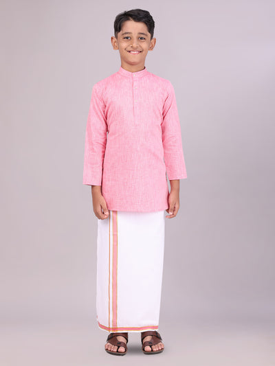 Boys Cotton Pink Kurta with Matching Border Dhoti Combo
