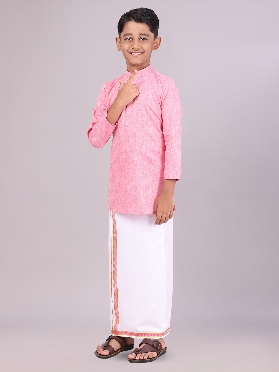 Boys Cotton Pink Kurta with Matching Border Dhoti Combo side pose