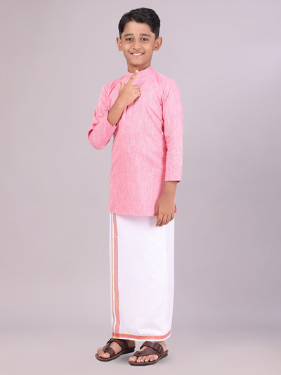 Boys Cotton Pink Kurta with Matching Border Dhoti Combo side pose
