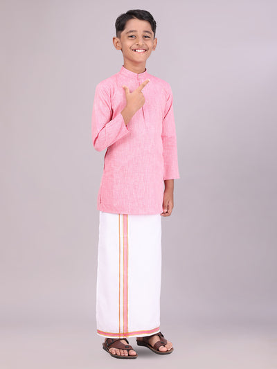 Boys Cotton Pink Kurta with Matching Border Dhoti Combo side pose