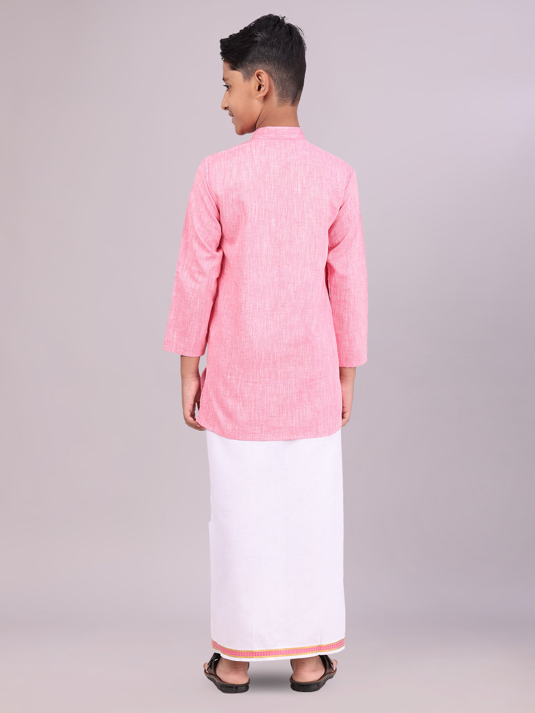 Boys Cotton Pink Kurta with Matching Border Dhoti Combo back pose