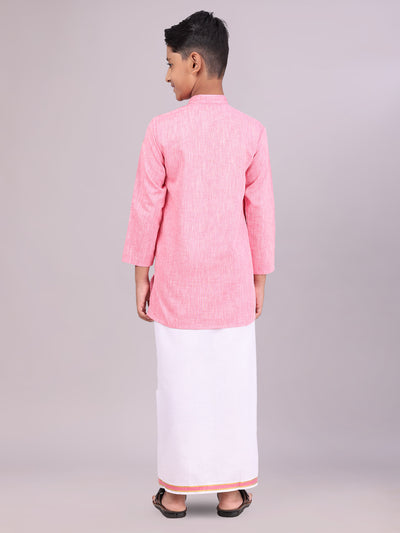 Boys Cotton Pink Kurta with Matching Border Dhoti Combo back pose