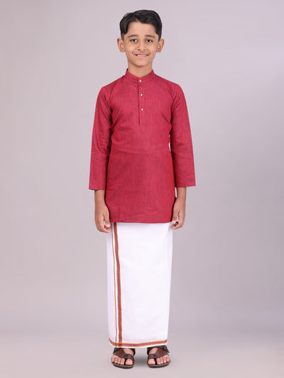 Boys Cotton Maroon Kurta with Matching Border Dhoti Combo