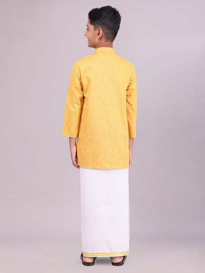 Boys Cotton Mustard Kurta with Matching Border Dhoti Combo back pose