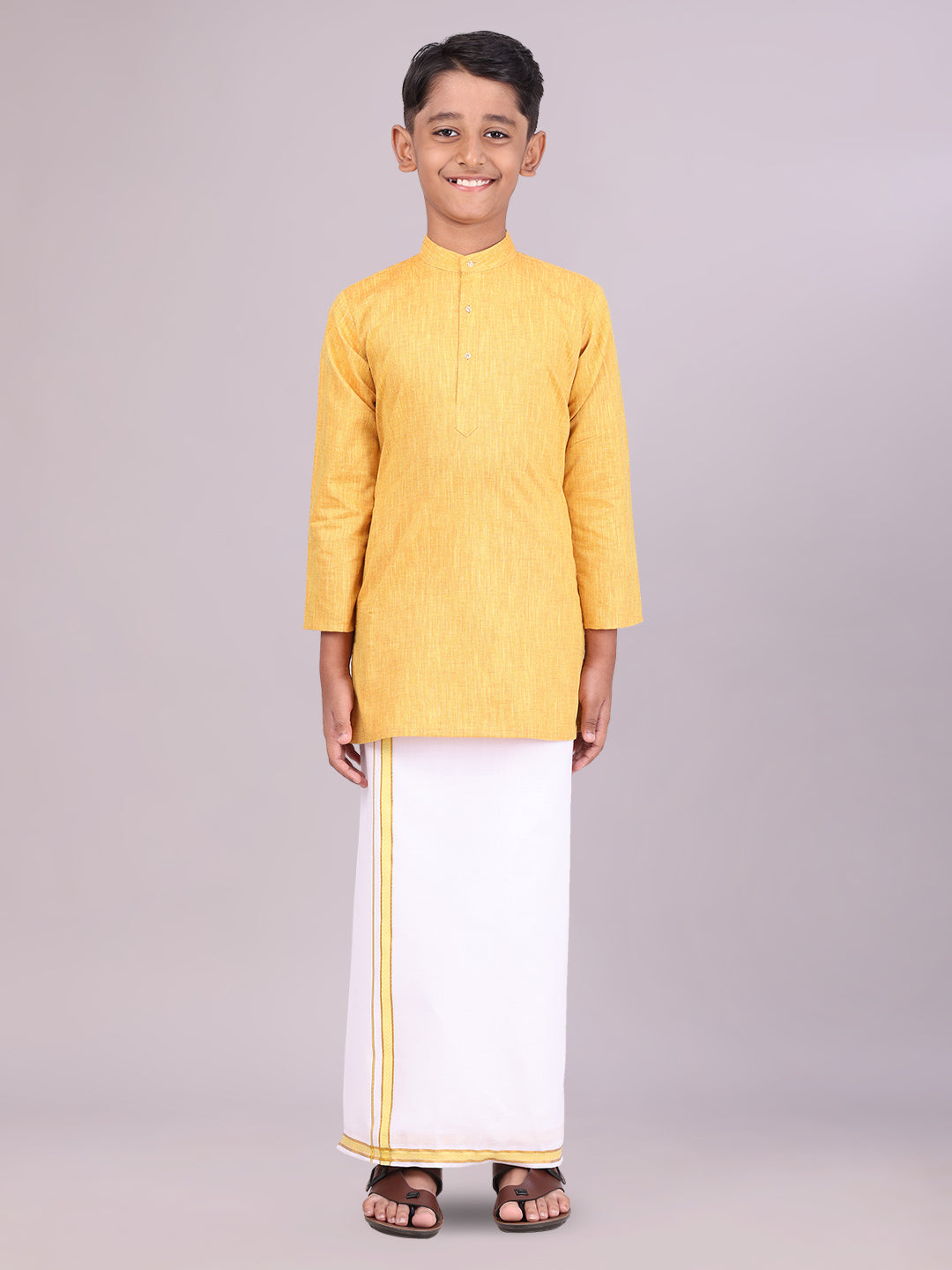 Boys Cotton Mustard Kurta with Matching Border Dhoti Combo