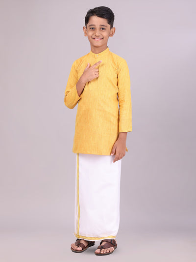 Boys Cotton Mustard Kurta with Matching Border Dhoti Combo front pose