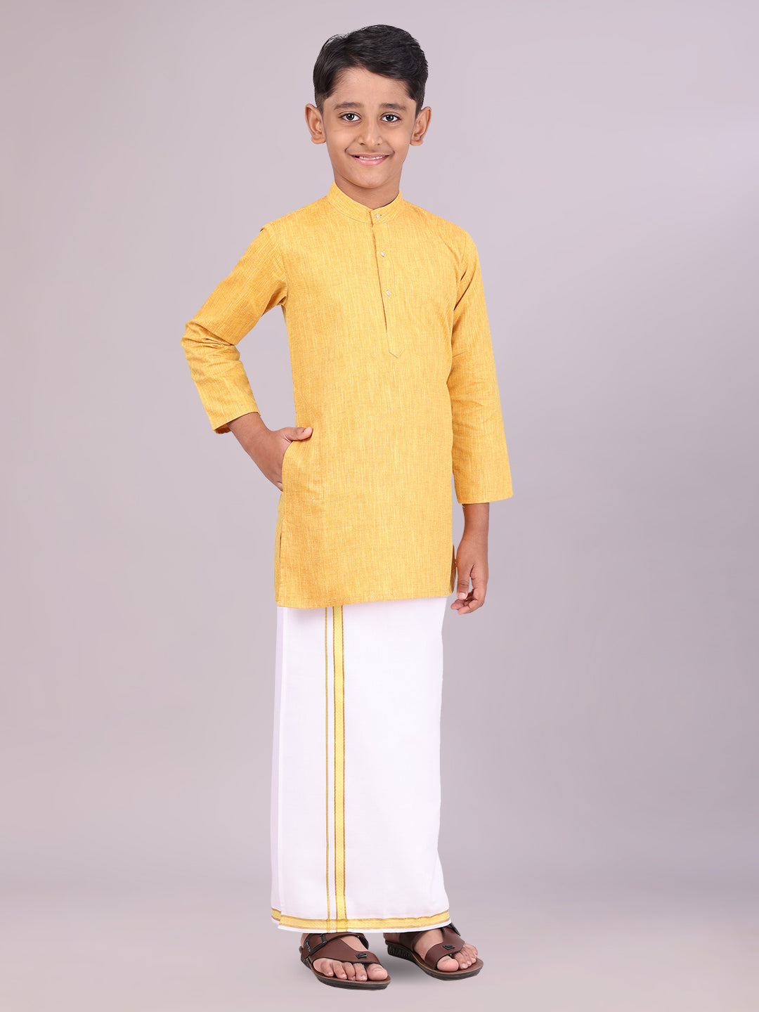 Boys Cotton Mustard Kurta with Matching Border Dhoti Combo side pose