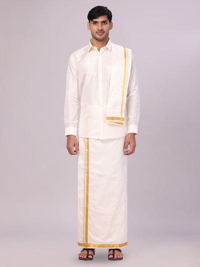 Men's Pure Silk Wedding Cream Shirt, Dhoti, Nerial with Belt Combo - Nesam 50K