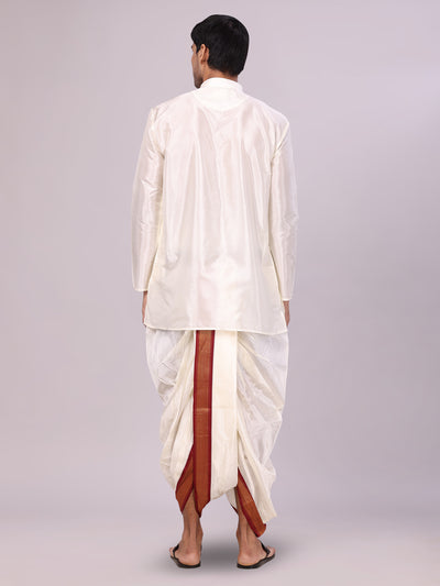 Men's Art Silk Cream Kurta Readymade Panchakacham Towel Mayilkhan Jari Border Combo Dhyanam back pose