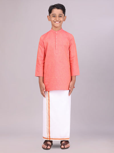 Boys Cotton Brick Kurta with Matching Border Dhoti Combo