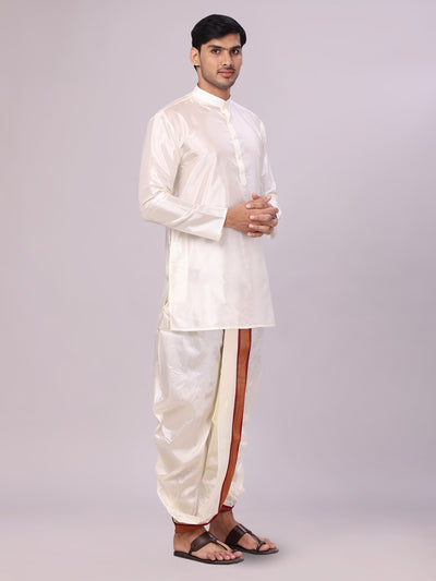 Men's Art Silk Cream Kurta Readymade Panchakacham Towel Mayilkhan Jari Border Combo Dhyanam side pose
